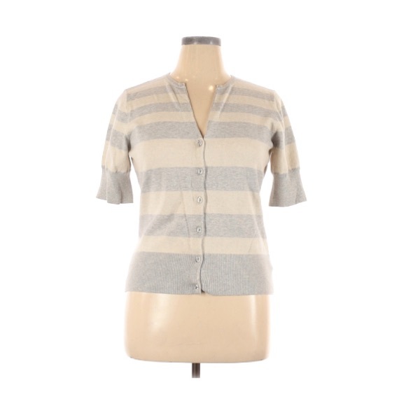 Kersh Tops - Kersh | Button Up Short Sleeve Stripped Top XL Gray Cream Color Vintage
